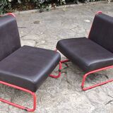 Pair of vintage drivers in red steel and skaï, France 1970