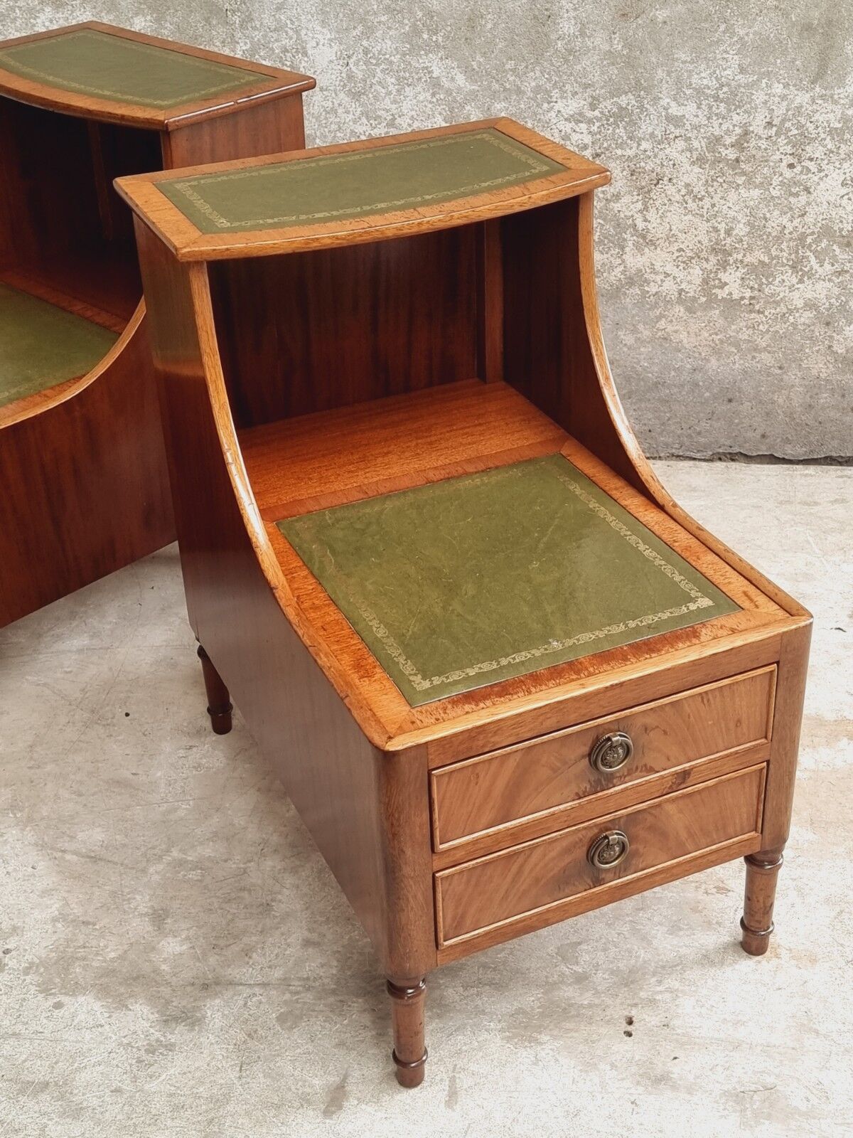 Set of mid century bedside tables with inlaid leather