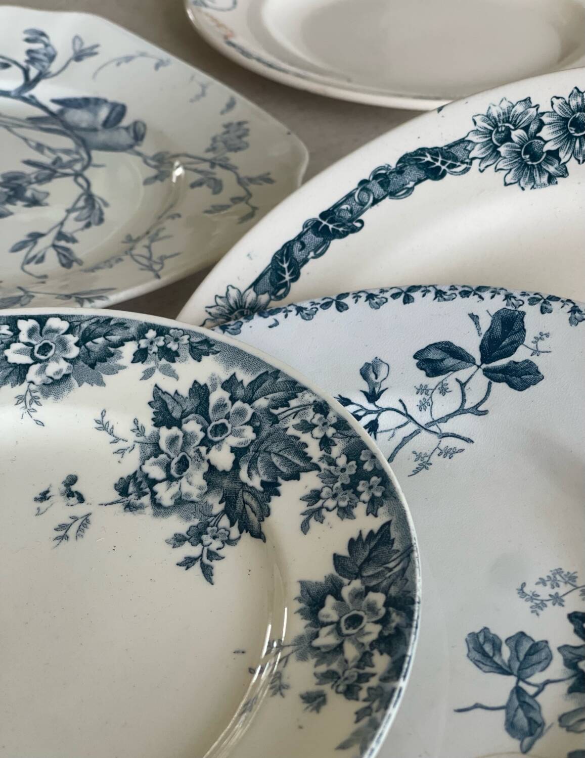 9 mismatched blue ironstone plates
