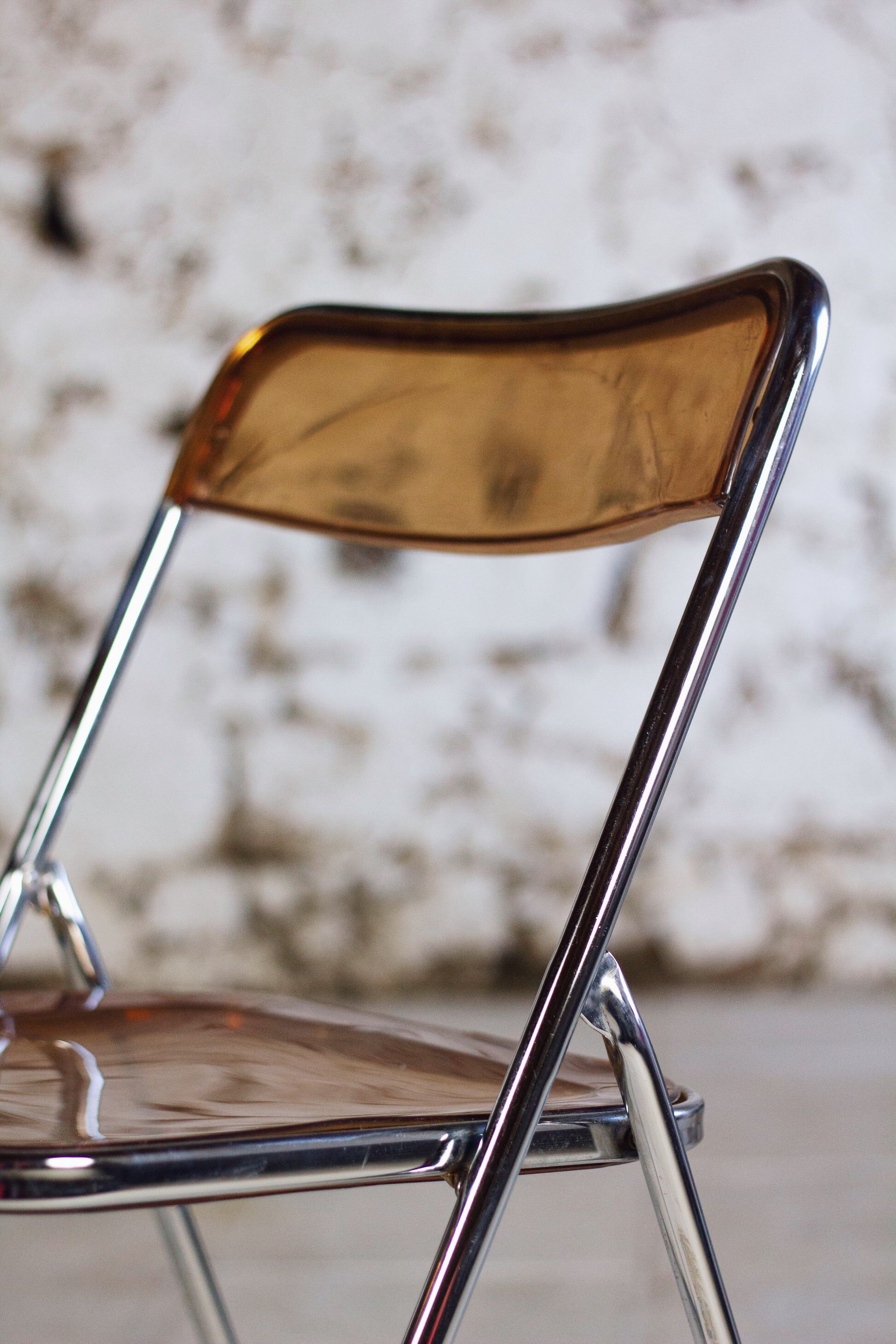 Set of 3 folding chairs in plexiglass and chrome, 1970.