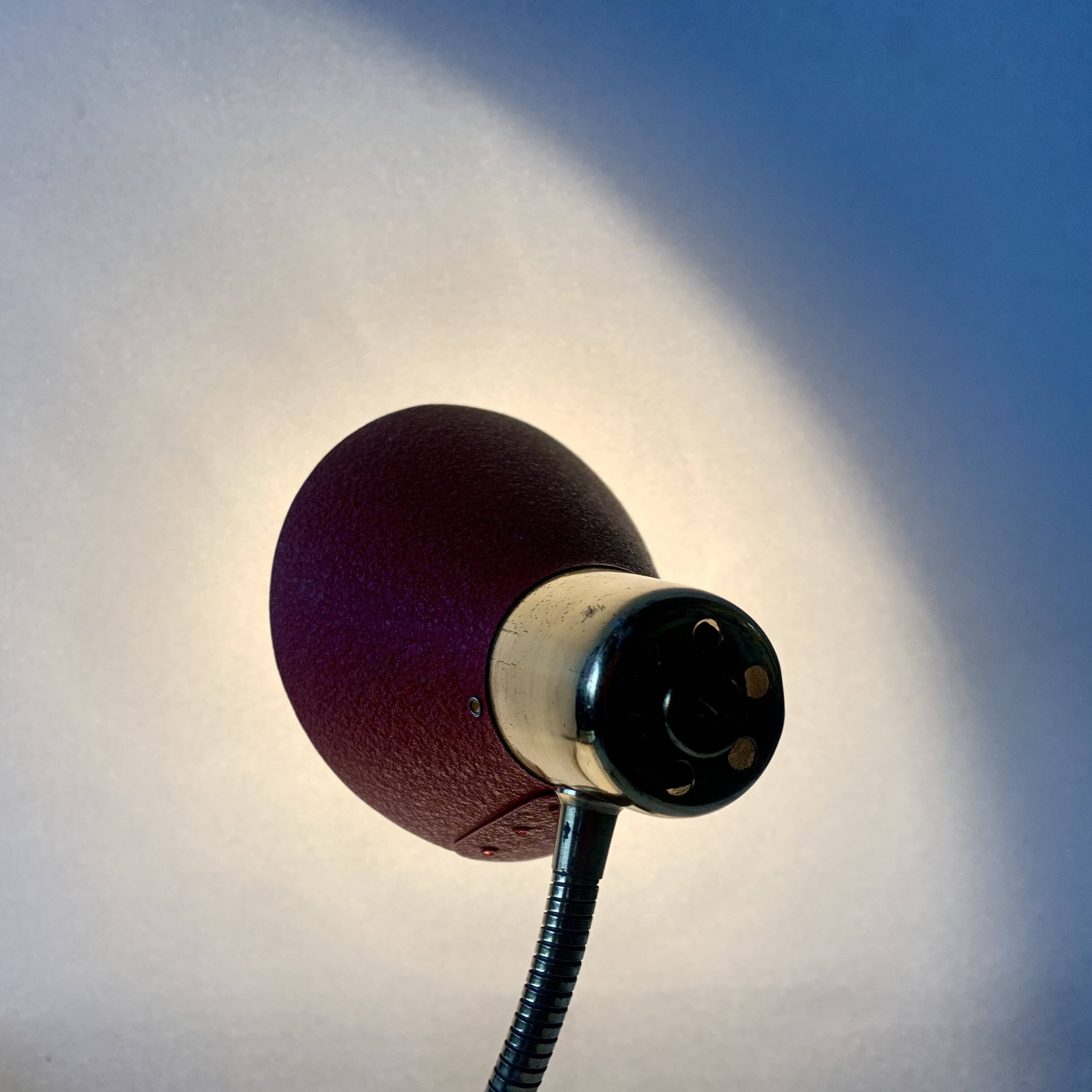 Brass and red painted metal clamp desk lamp - 1950s