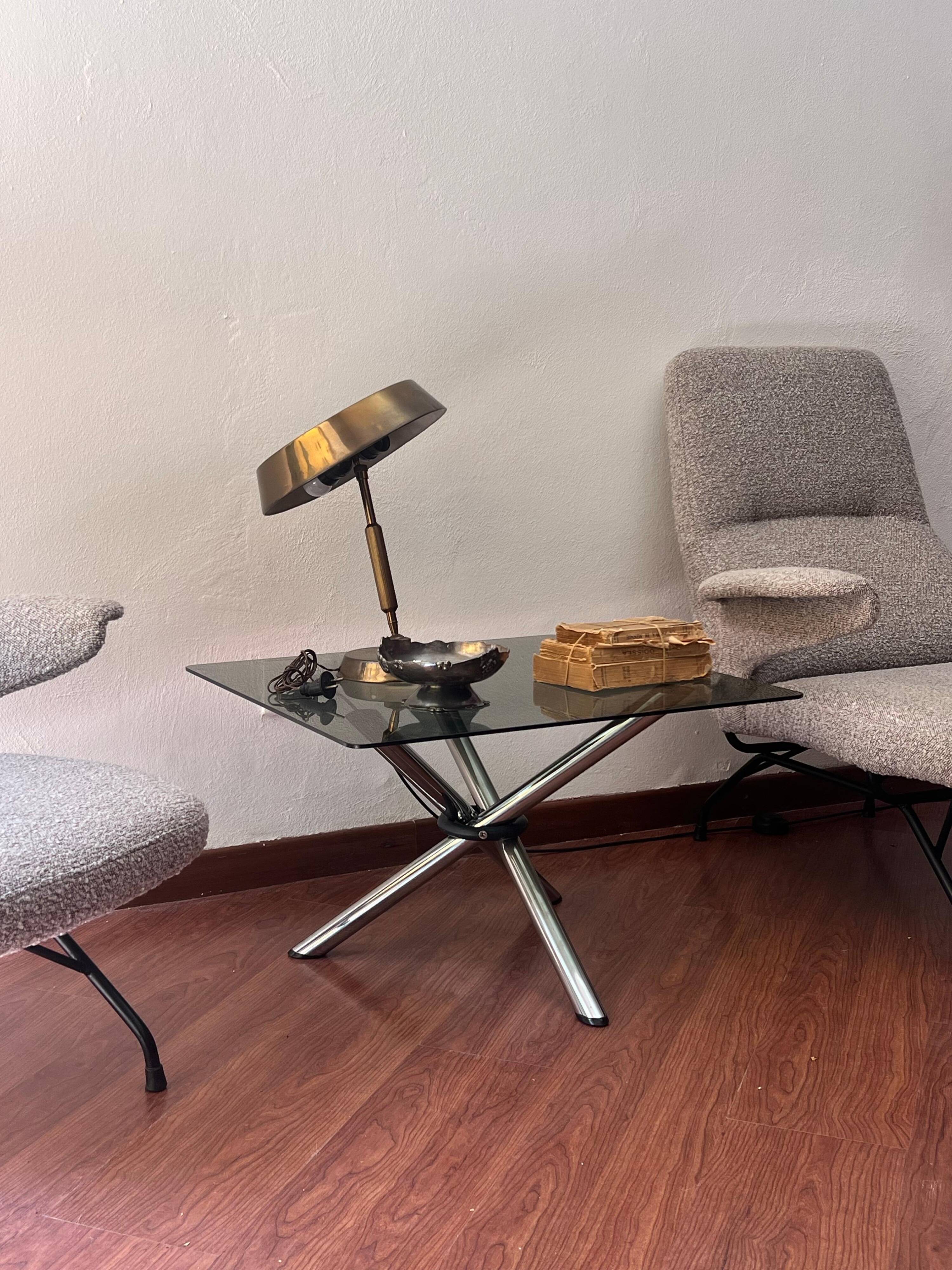 Vintage foldable coffee table, chromed tubular metal and smoked glass