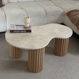 "Pear" coffee table in travertine and fluted wood | raw oak | 3 legs