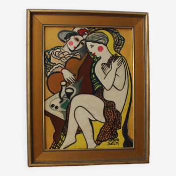 Portrait nu surréaliste avec peinture à l’huile de guitare de style cubiste deux femmes assises