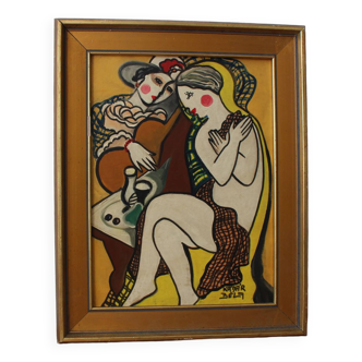 Surrealist Nude Portrait With Guitar Oil Painting of Cubist Style Two Seated Females