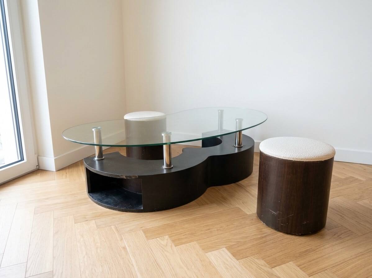Vintage 1970s coffee table with 2 nesting poufs.
