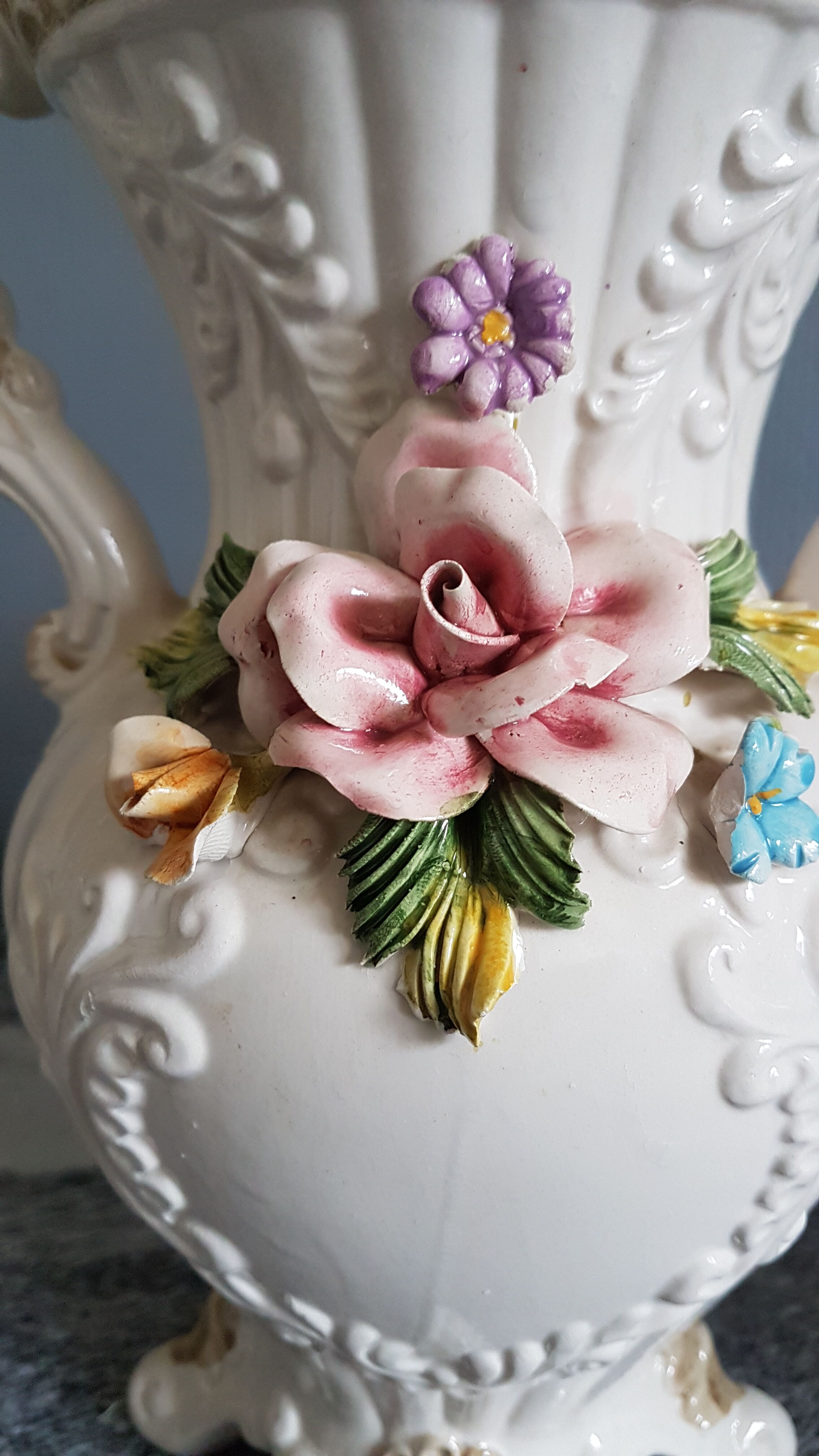 White dabbling vases with capodimonte porcelain floral decoration