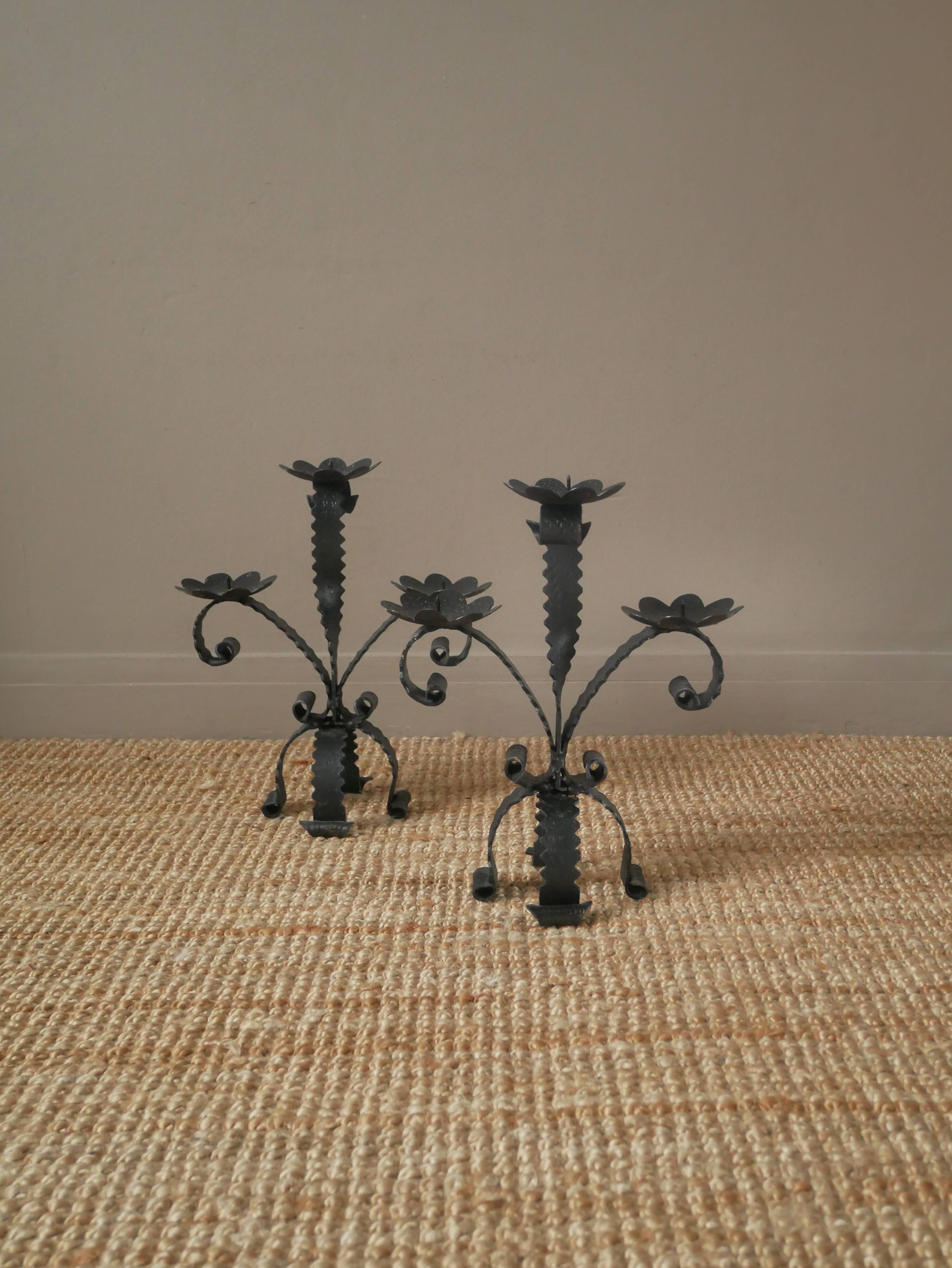 Pair of candelabra candlesticks wrought iron candlesticks handcrafted brutalist decoration
