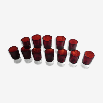 Set of 12 burgundy-coloured glasses