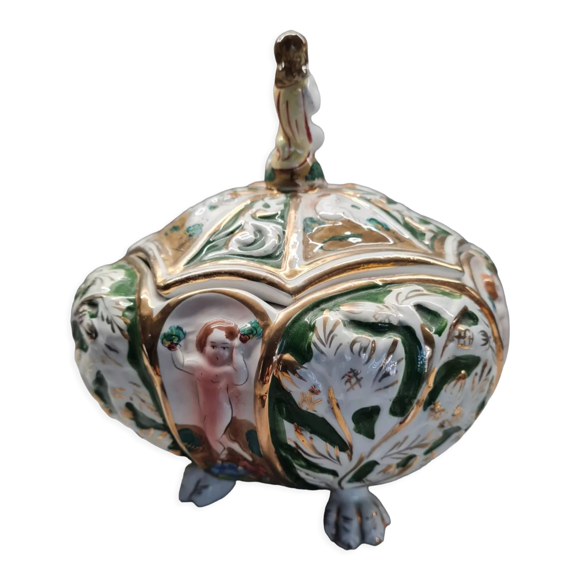 Soupière sur pied de lion en céramique Italienne, style antique capodimonte