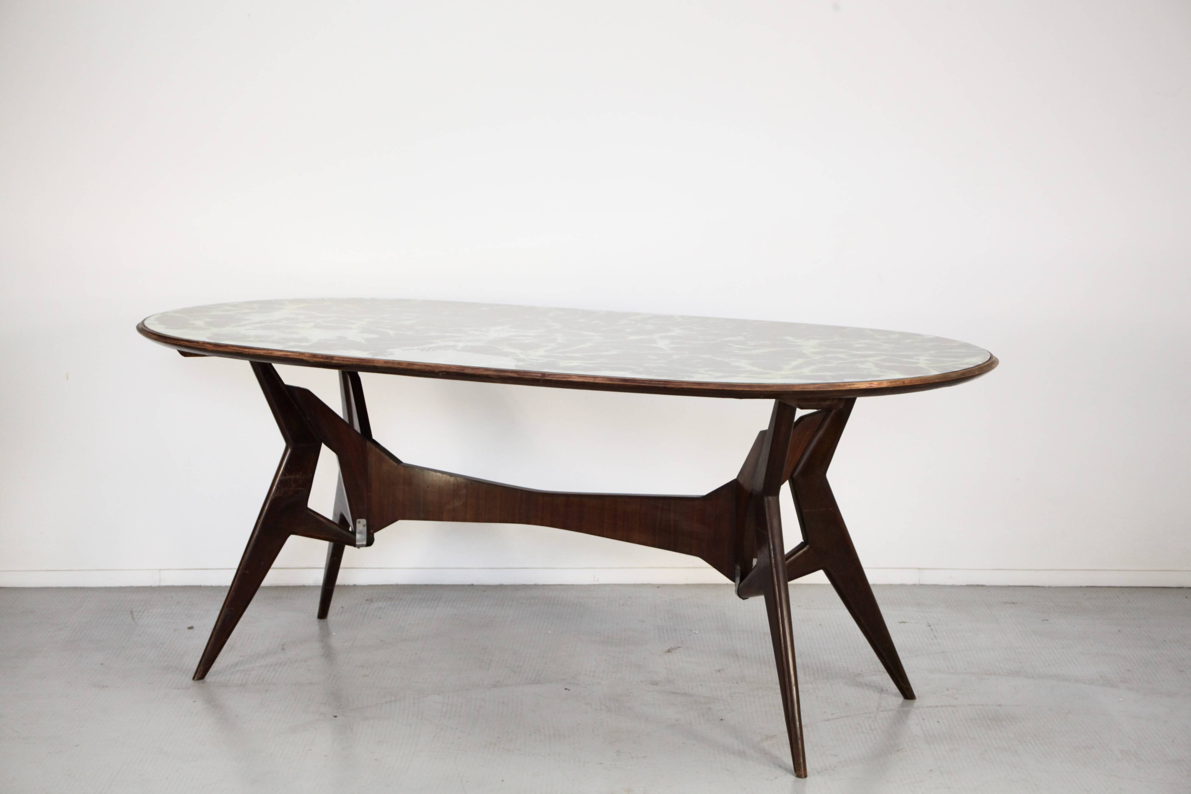Midcentury Italian Oblong Marble Effect Table With Wood Base.