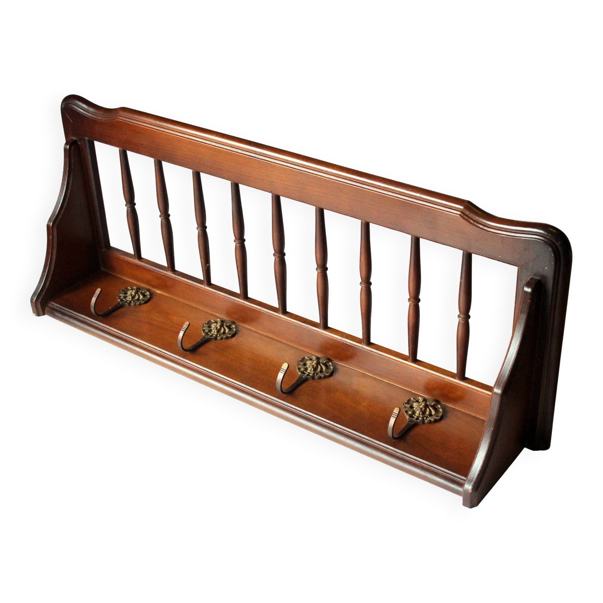 Wall mounted wooden coat rack with shelf wear hats and 4 brass hooks