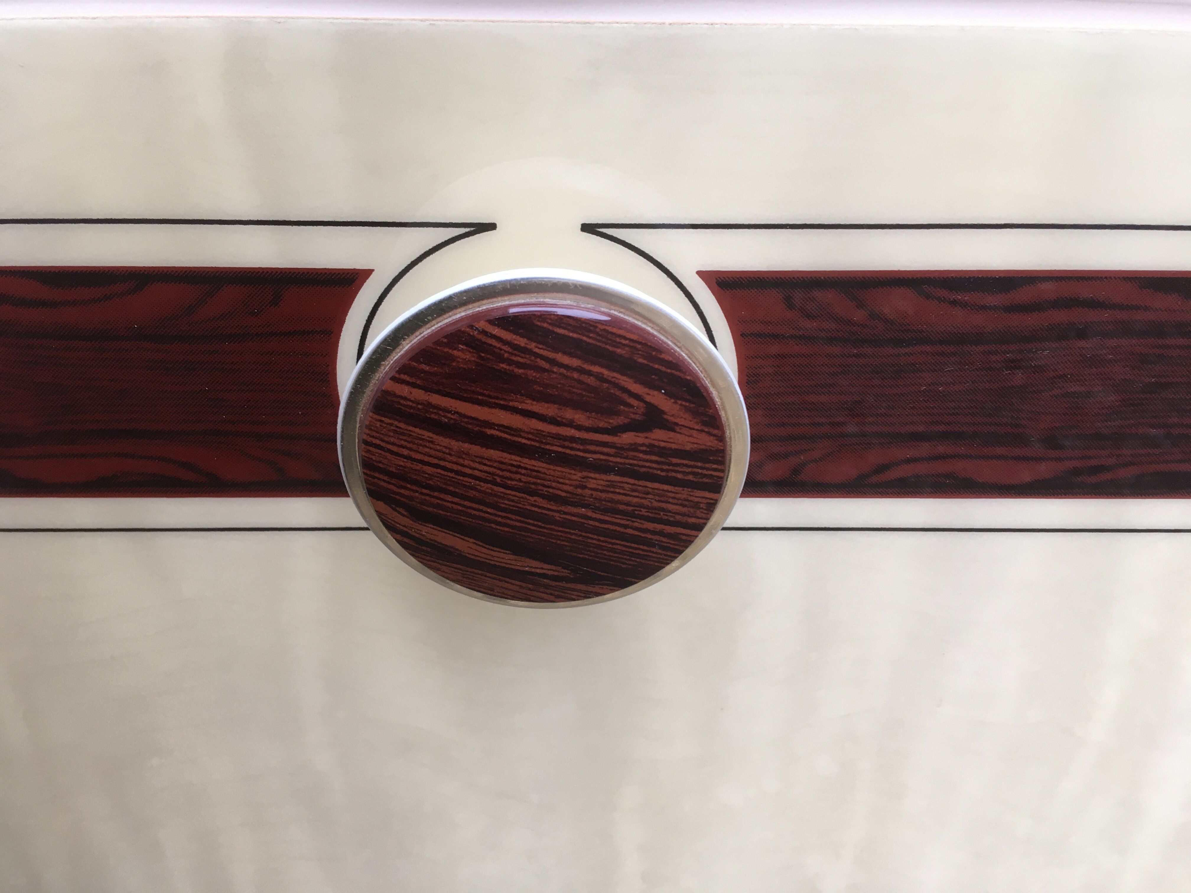Coiffeuse formica blanc vintage et miroir rond triptyque repliable