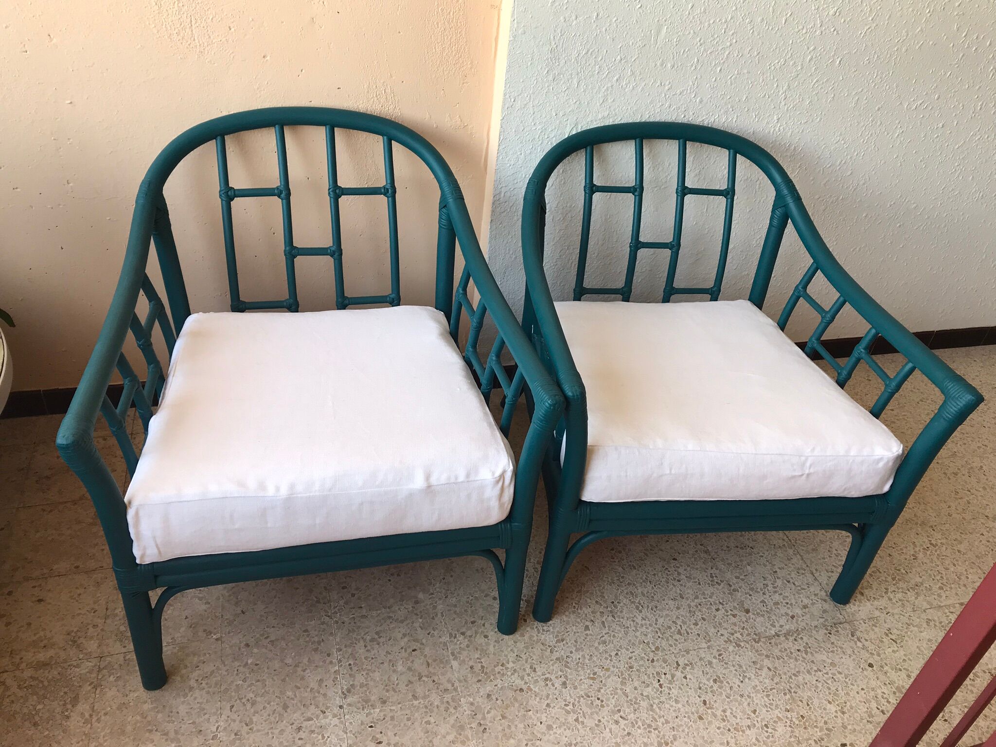 Pair of vintage blue rattan armchairs