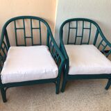 Pair of vintage blue rattan armchairs