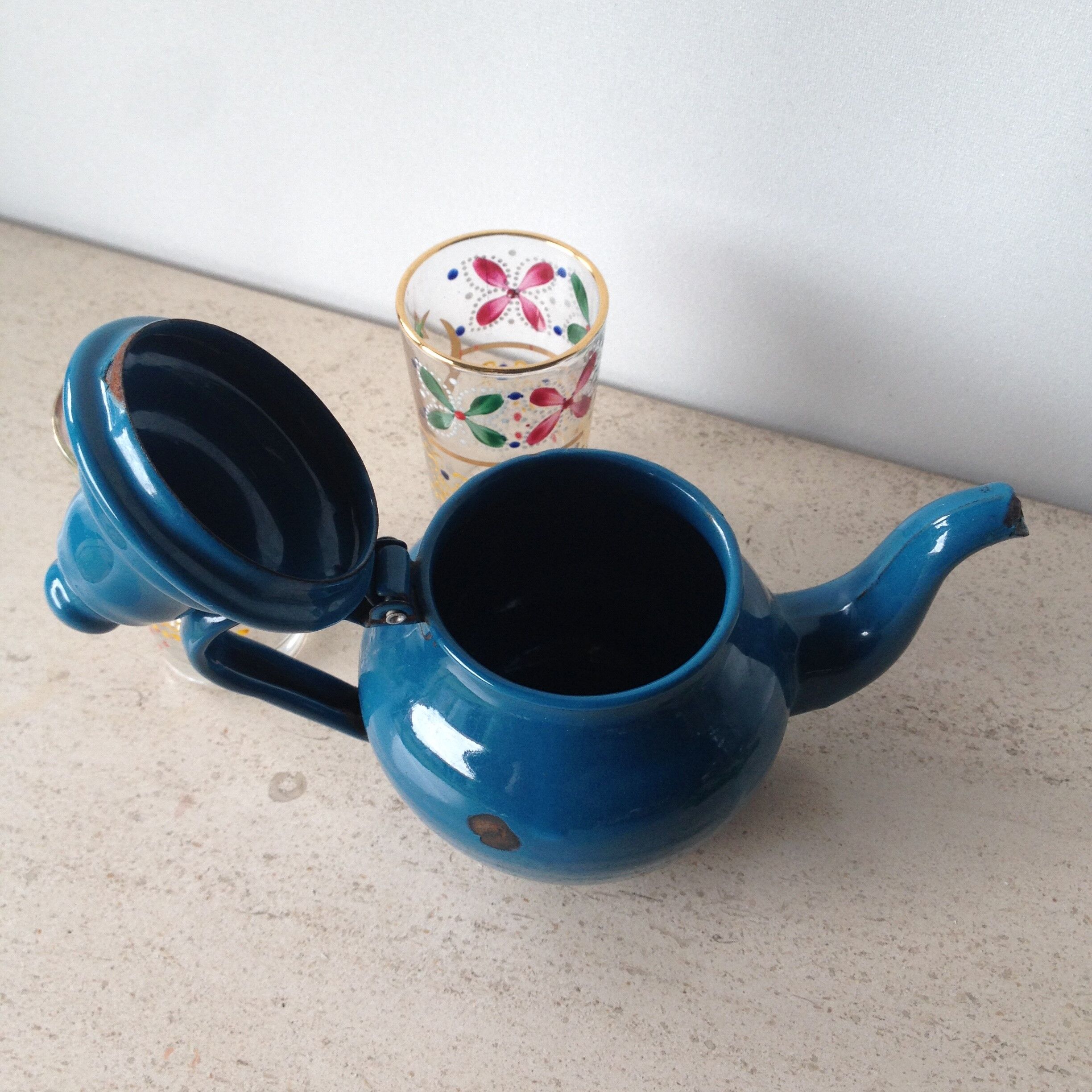 Teapot blue enameled metal