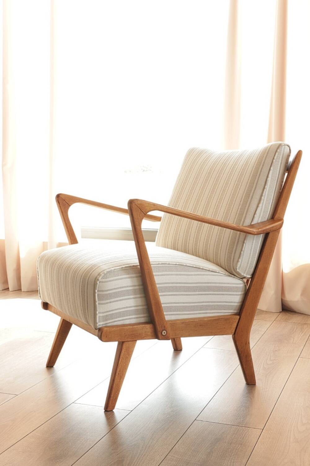 Scandinavian armchair in beige and white striped fabric
