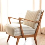 Scandinavian armchair in beige and white striped fabric