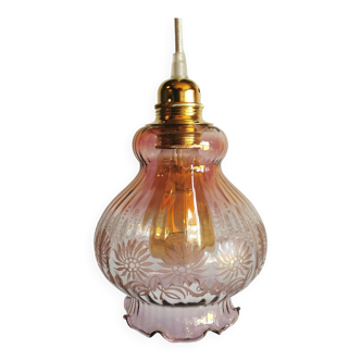 Vintage portable lamp 60s globe serrated glass pink purple