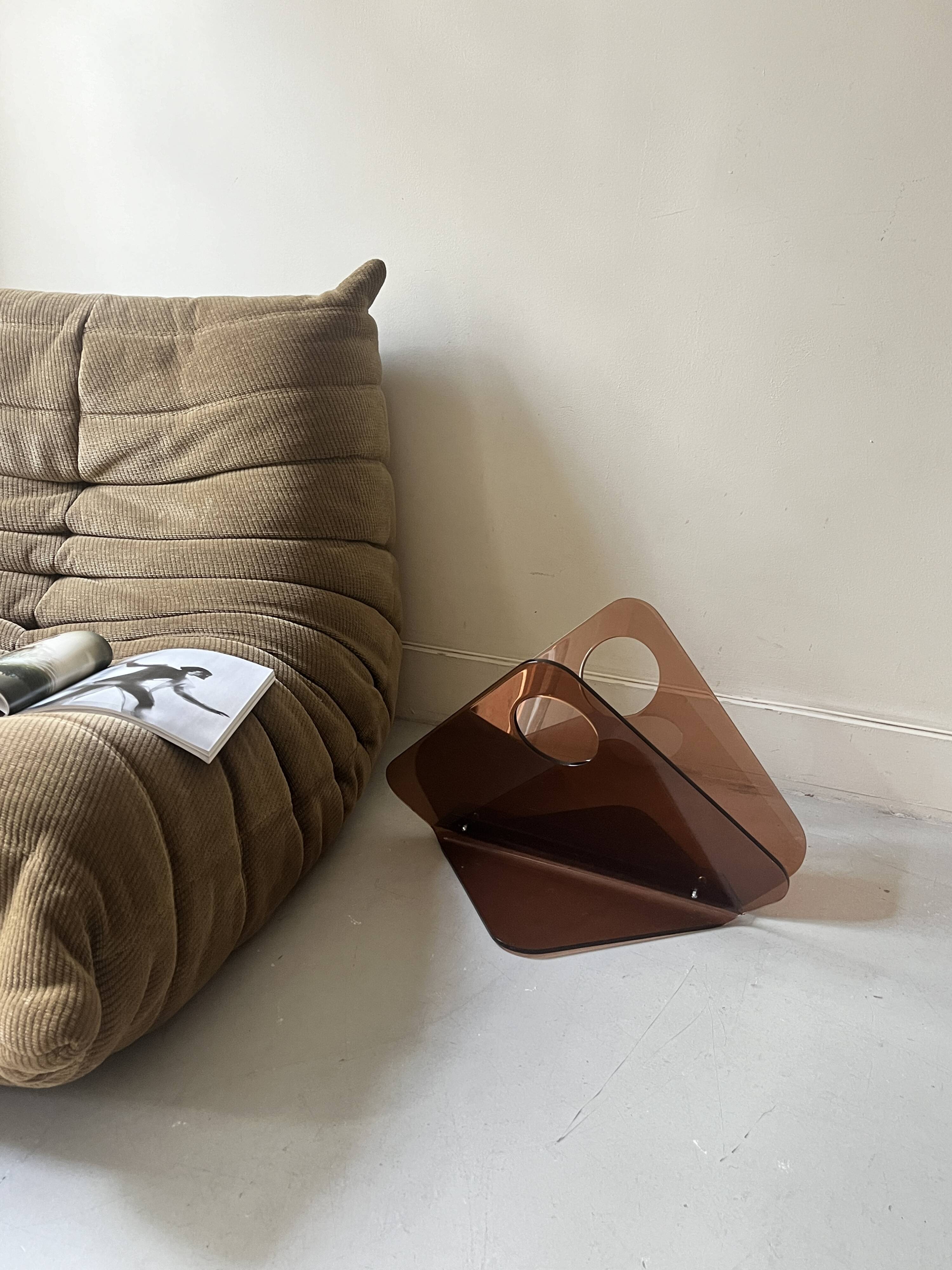 magazine holder in smoked plexiglass, design 1970