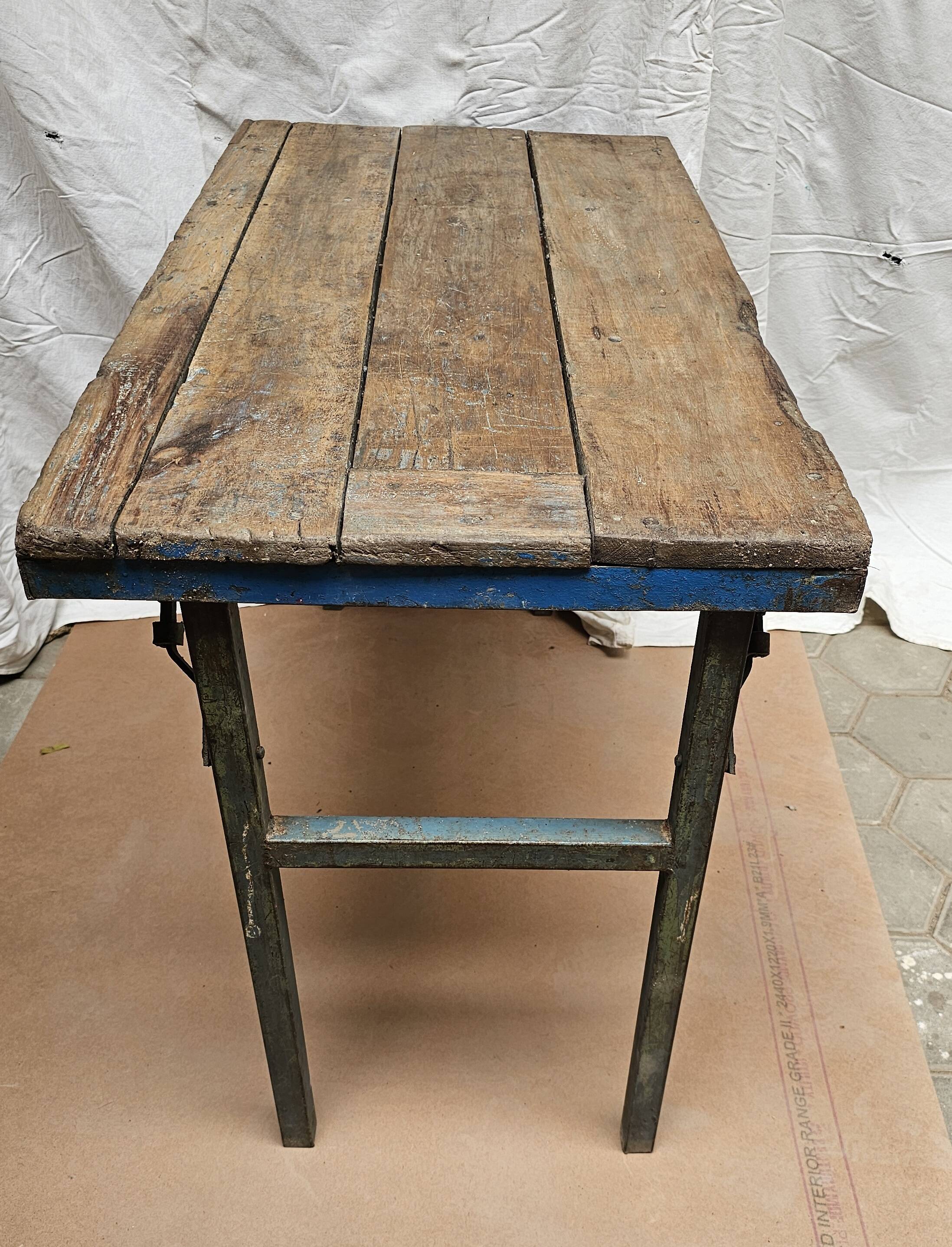 Folding workshop table in teak and wrought iron
