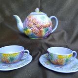Service à thé, tête à tête, théière + 2 tasses et sous-tasses, faïence de Salins,  barbotine, TBE.