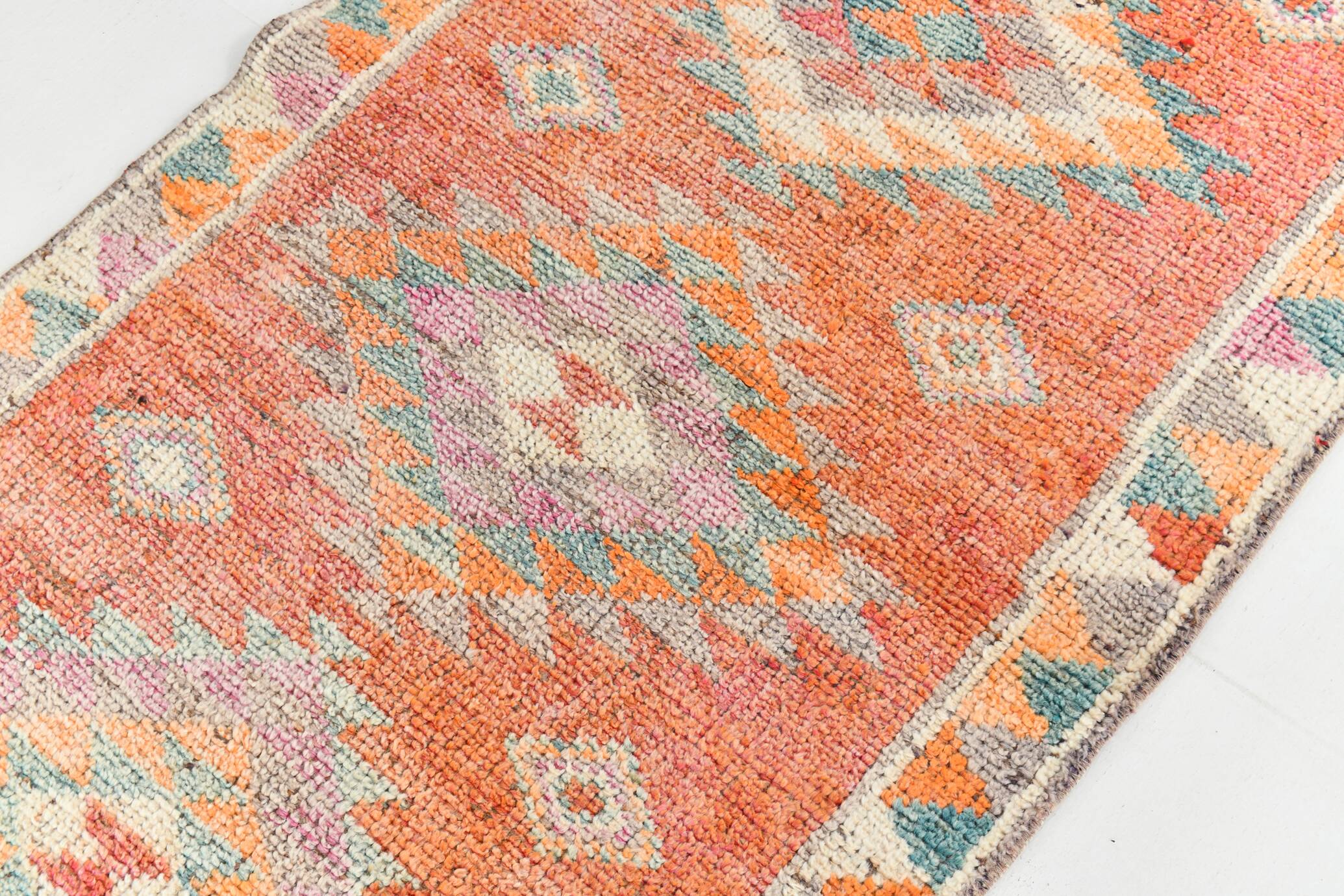 Tapis runner vintage orange à motifs géométriques faits main, 86x319Cm