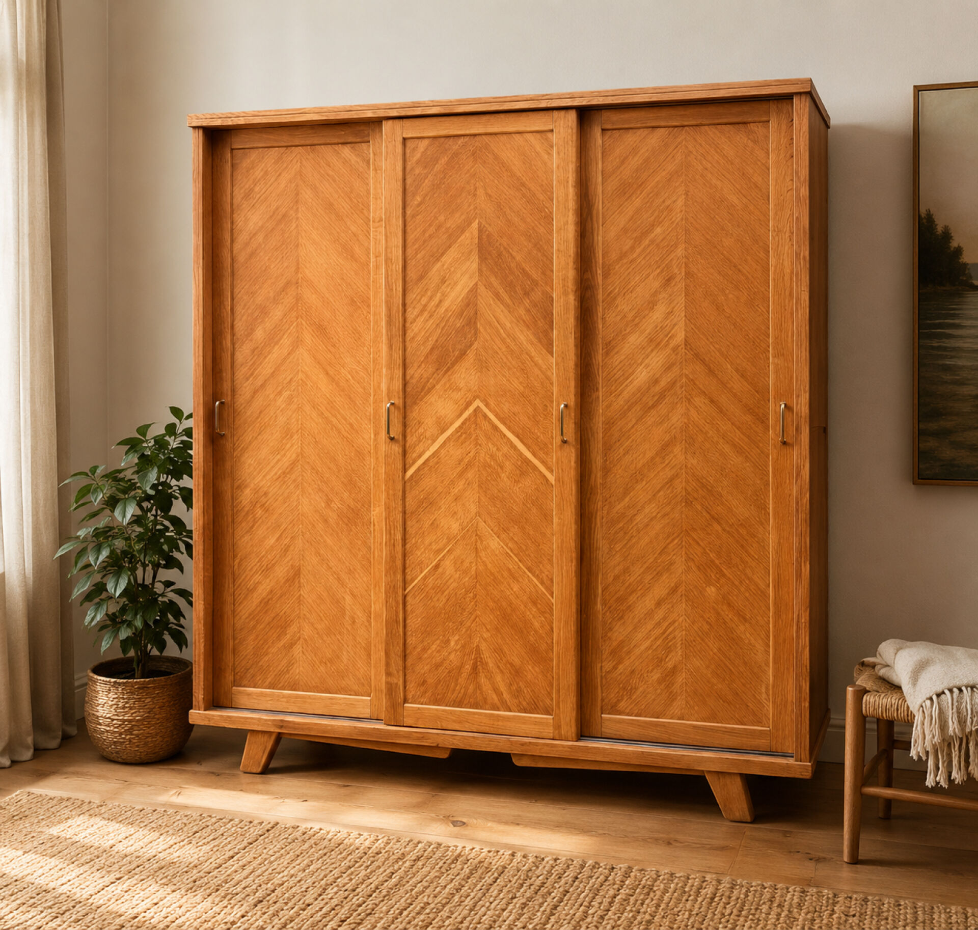 Parisian wardrobe with sliding doors, solid raw oak, 1960.