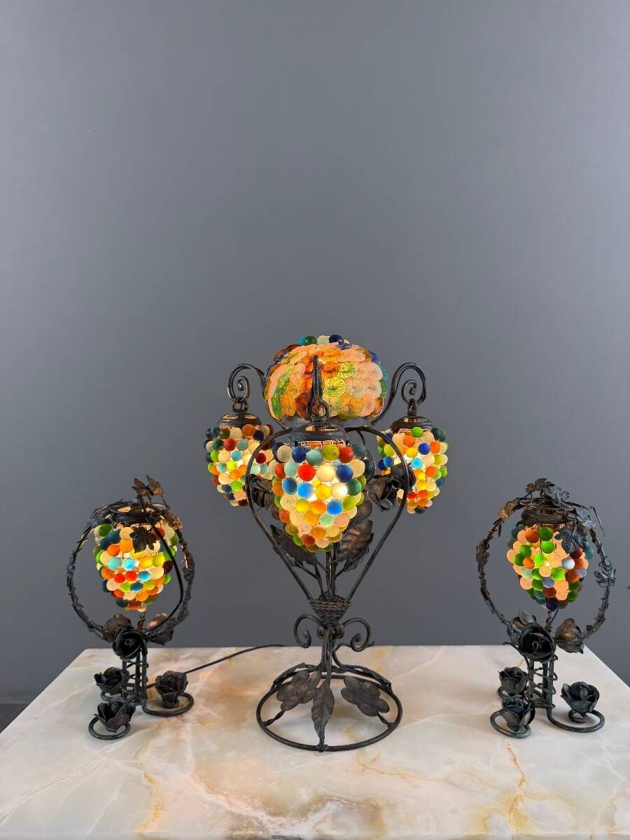 Set of three lamps in bronze and polychrome Murano glass, 20th century
