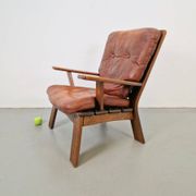 Brutalist Wood Armchair with Brown Leather Upholstery, Germany, 1960s