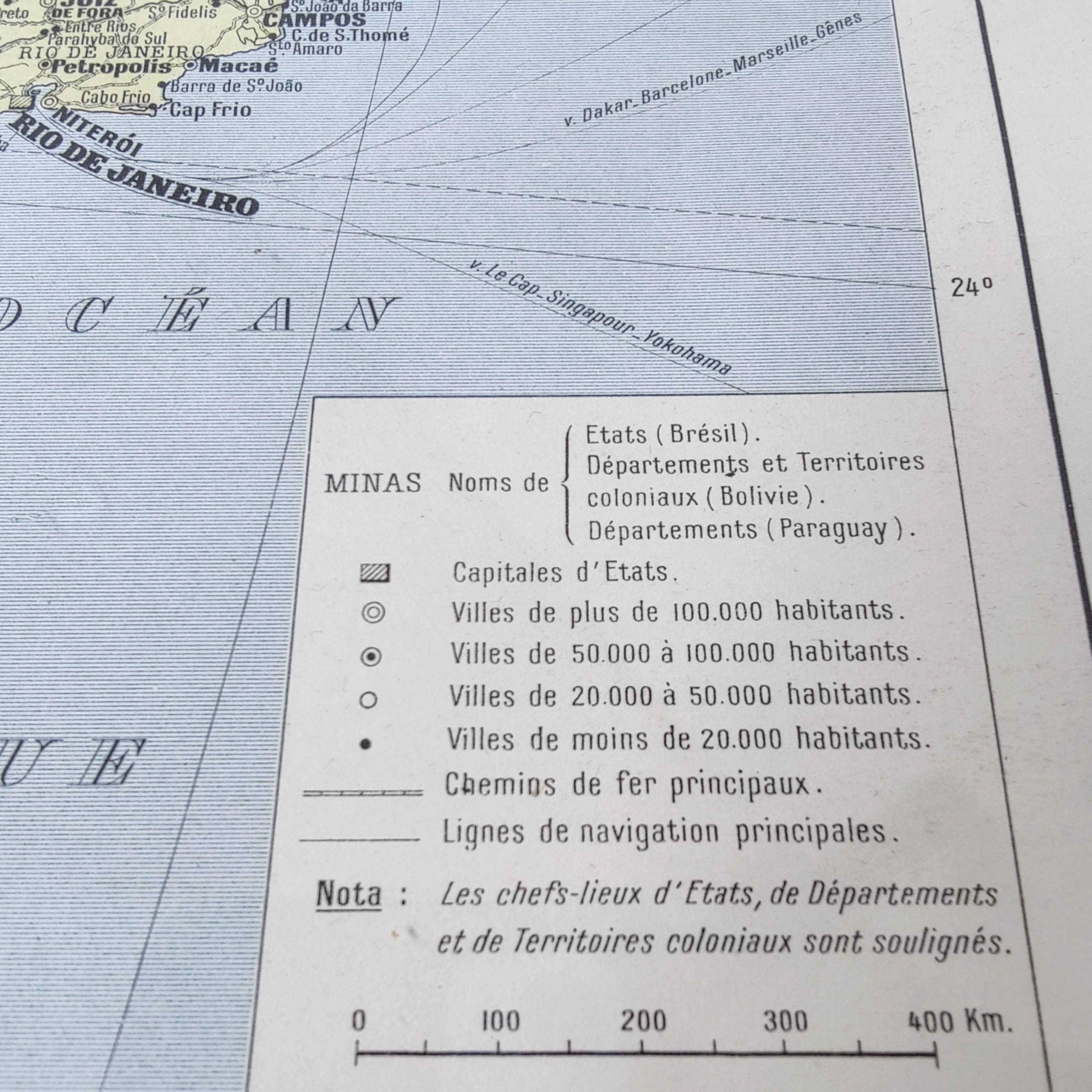 Old map of South America Brazil Bolivia Paraguay 43x43cm from 1950