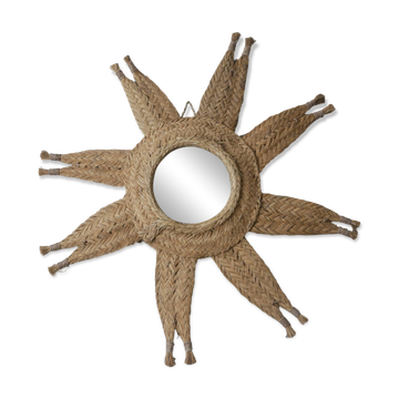Miroir soleil fabrication artisanale paille tressée décoration ethnique bohème tribal