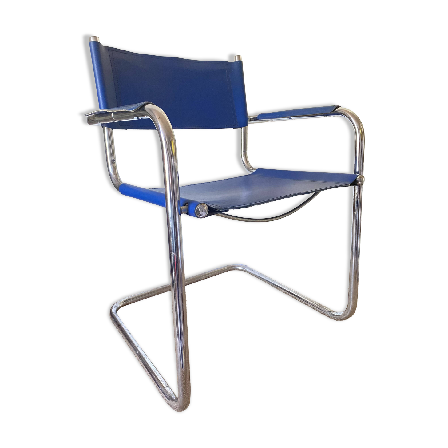 Office chair in blue imitation leather and chrome metal, Matteo Grassi style