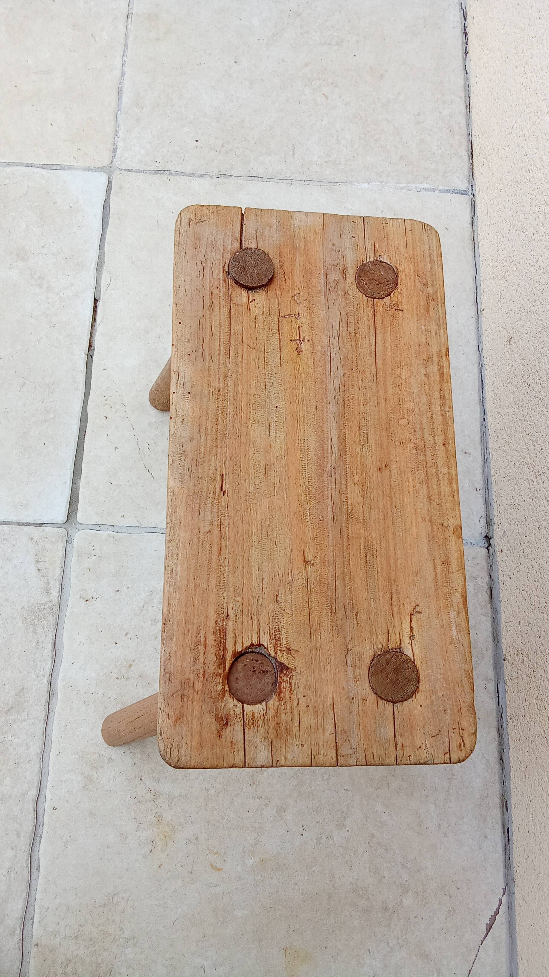 Vintage old wooden farmhouse stool treated brutalist