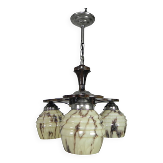 Art Deco hanging lamp with 3 glass marbled shades, 1930s