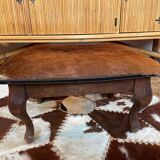 Vintage wooden and goatskin pouf