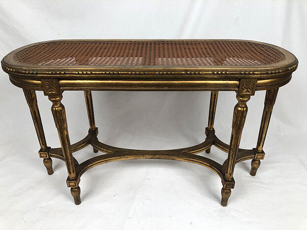 Louis XVI style piano bench, dark gilded cane wood