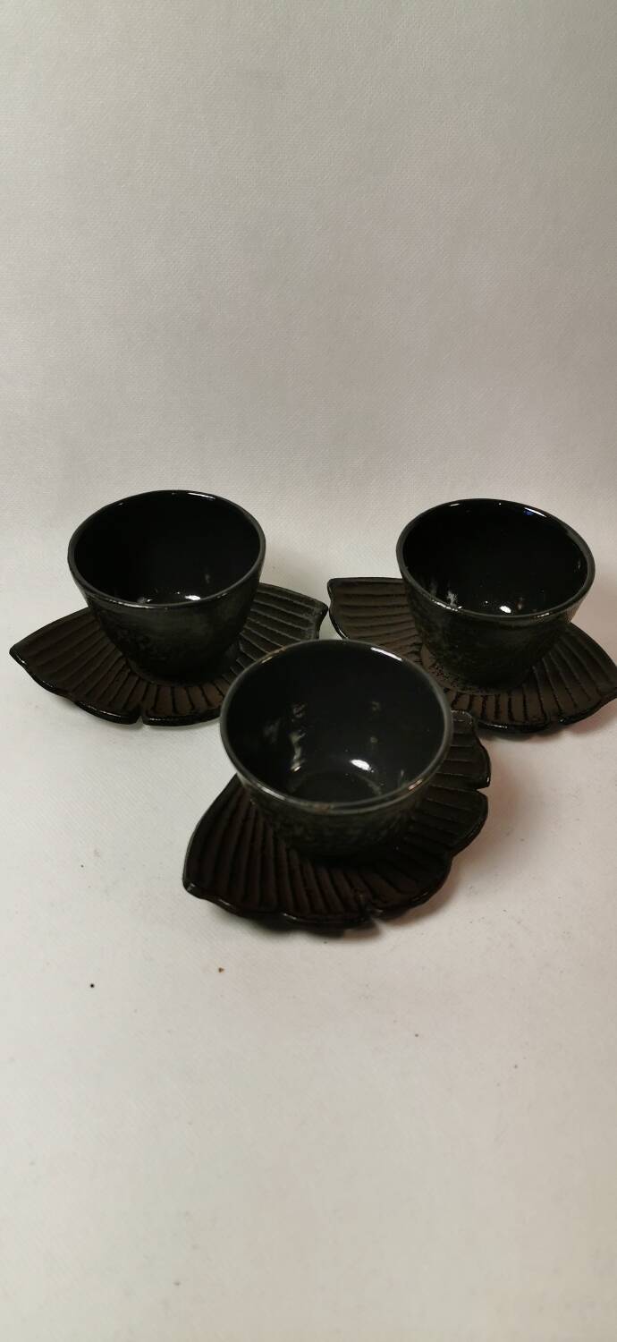 Set of 12 Asian Tea Cups and Saucers in Enameled Cast Iron