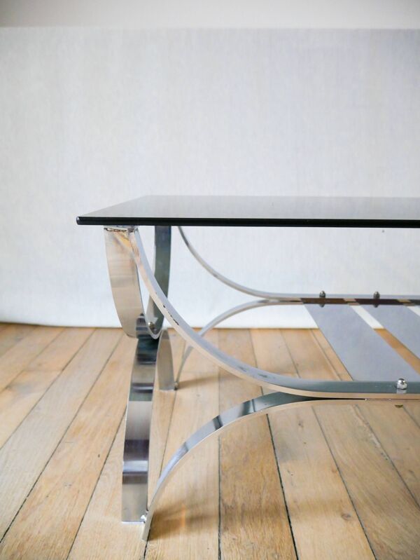 table basse rectangulaire en verre fumé et chrome double plateaux Design 1970