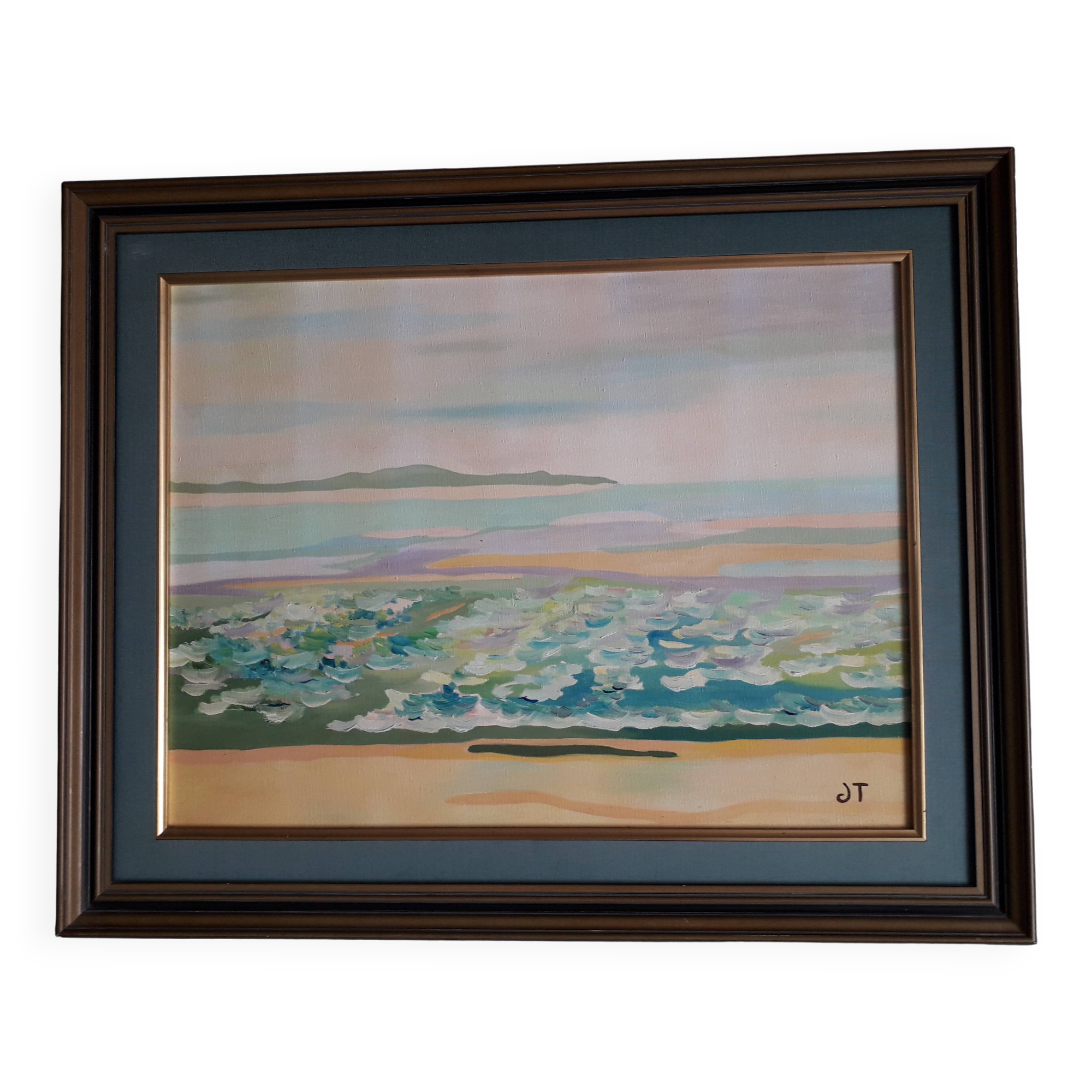 Old oil painting depicting a seaside.