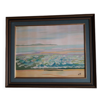 Old oil painting depicting a seaside.