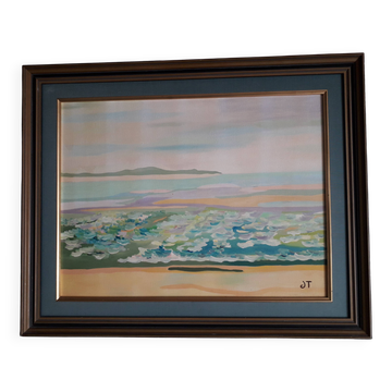 Old oil painting depicting a seaside.