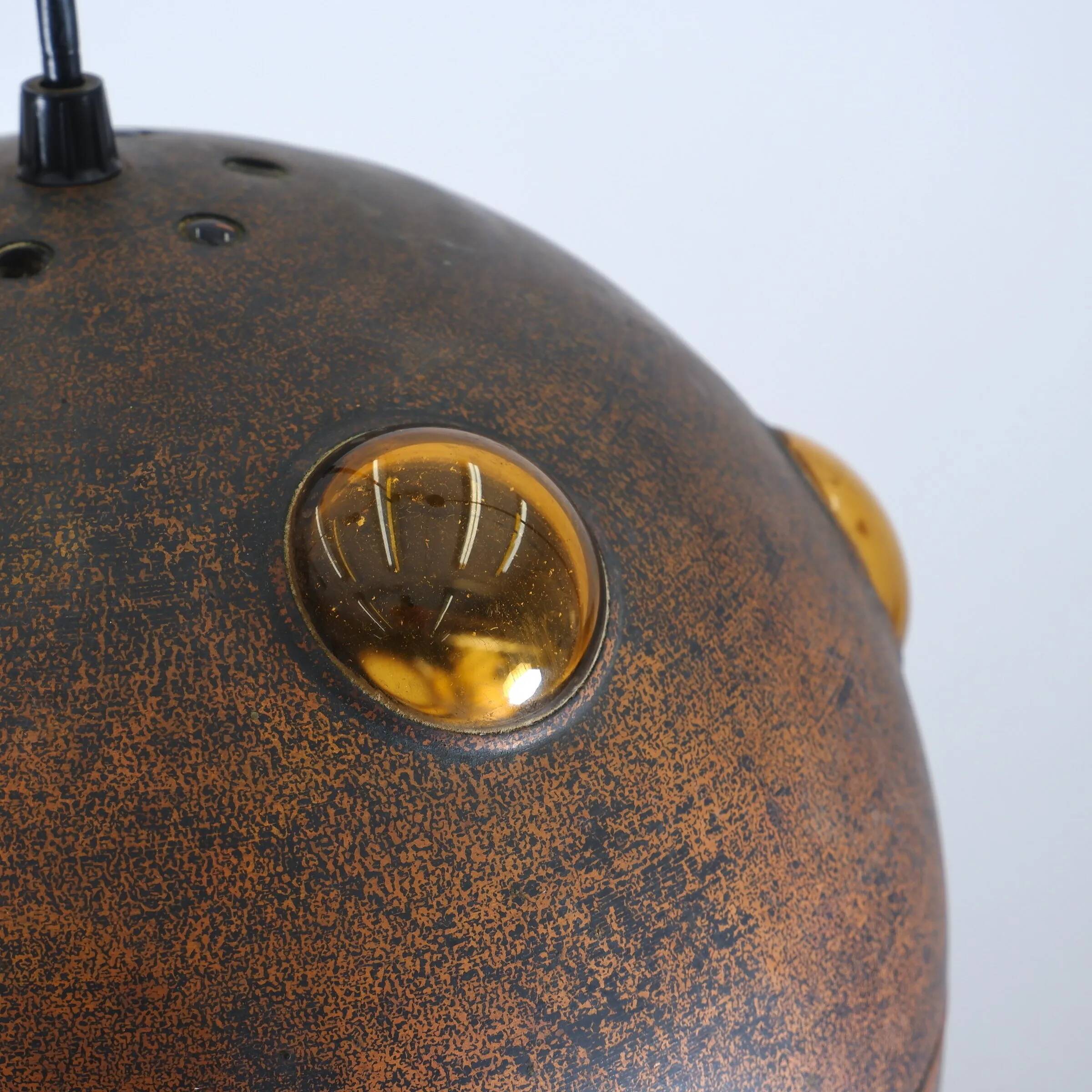 Large, globular brutalist hanging lamp in copper / glass by Peill & Putzler