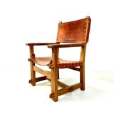 Antique French Handmade Brutalist Oak & Cognac Leather Castle Chair, 1920s.