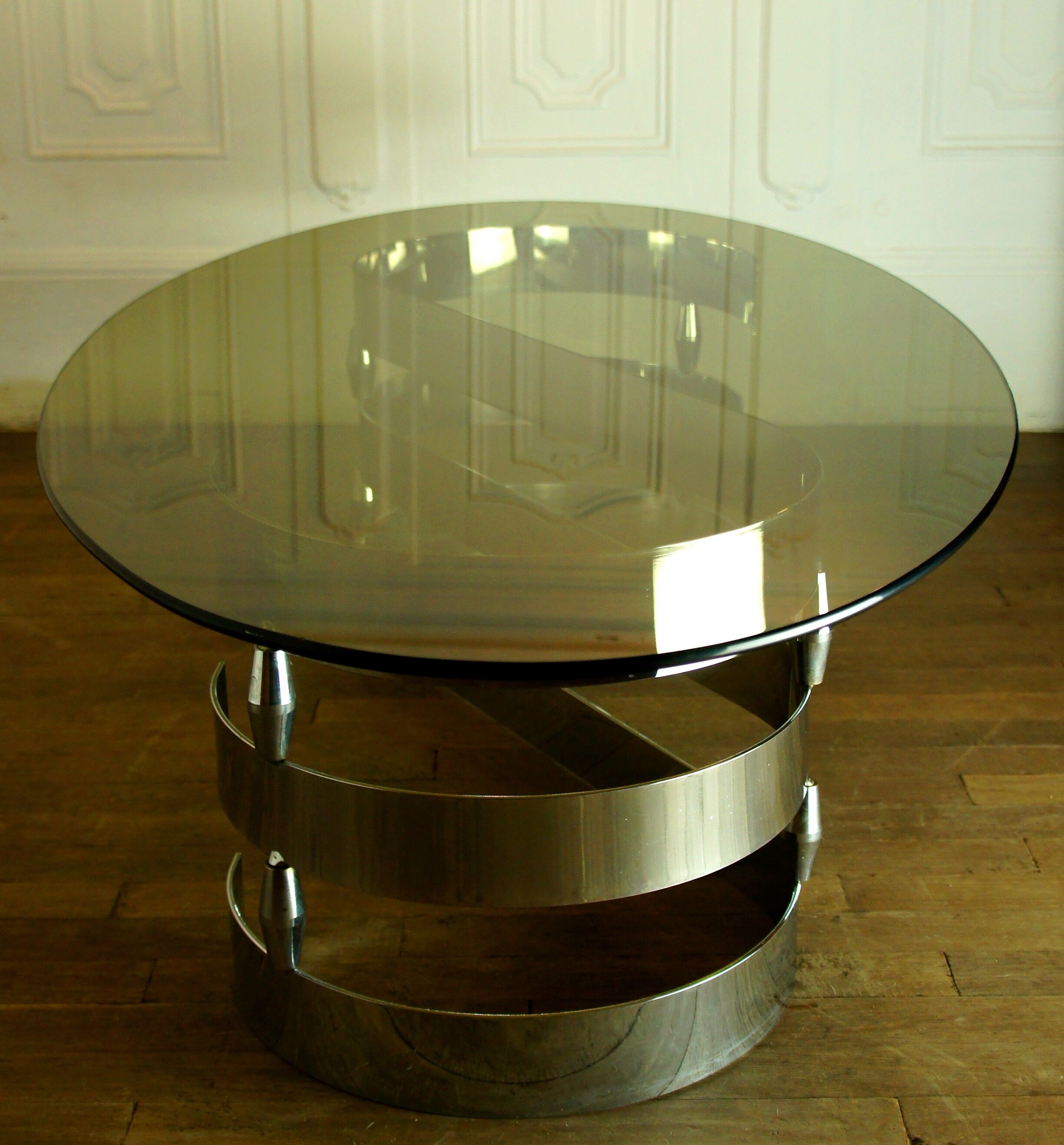 Chrome metal coffee table and 1970 smoked glass