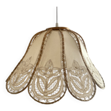 Antique hanging lampshade in rattan and openwork embroidered fabric