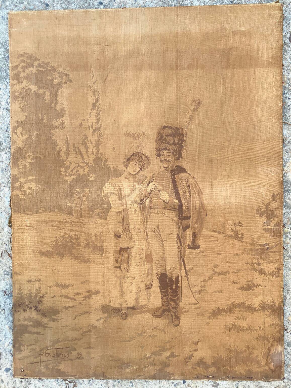 Pair of nineteenth century tapestries featuring a hussar and an elegant