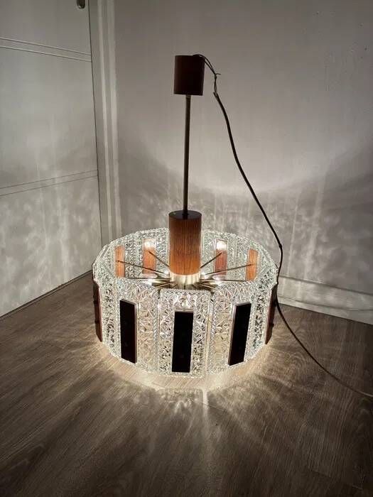 Carl Fagerlund for Orrefors Chandelier — Glass, Teak & Brass, Sweden 1960s