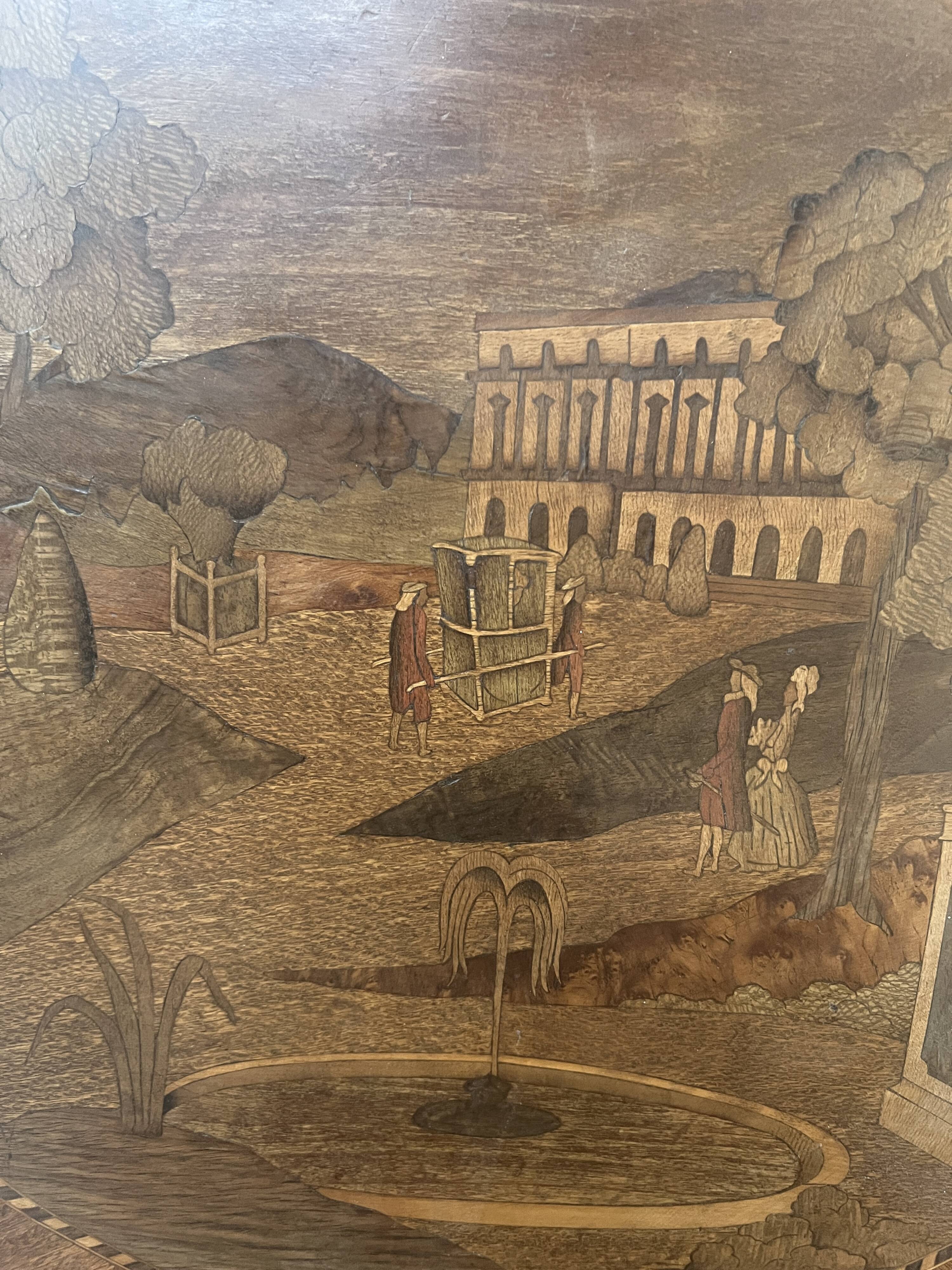 Louis XVI style marquetry pedestal table with removable top, 20th century