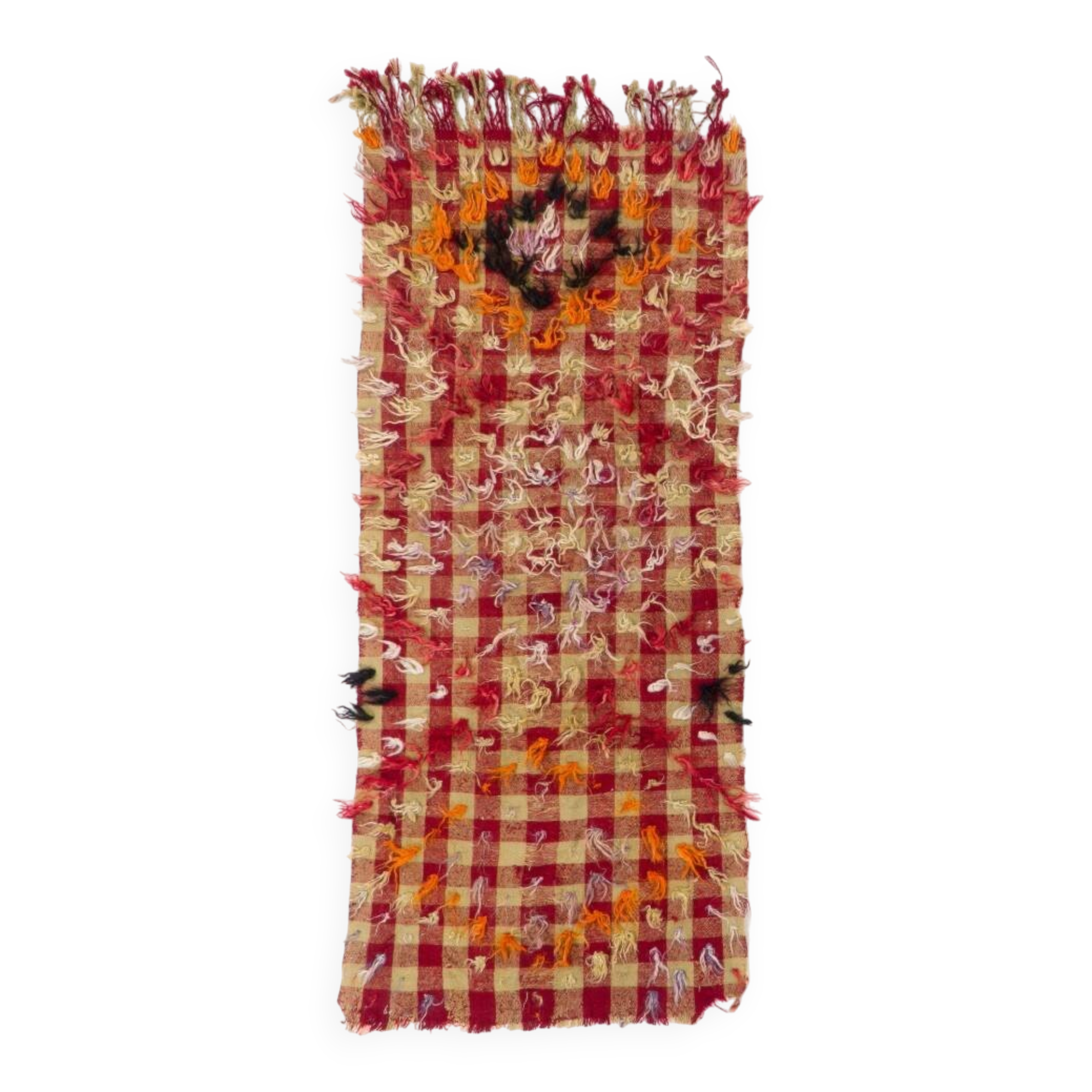 Vintage Handwoven Checkered Kilim Rug with Red and Beige Checkered Design and Colorful Wool Pom Pom
